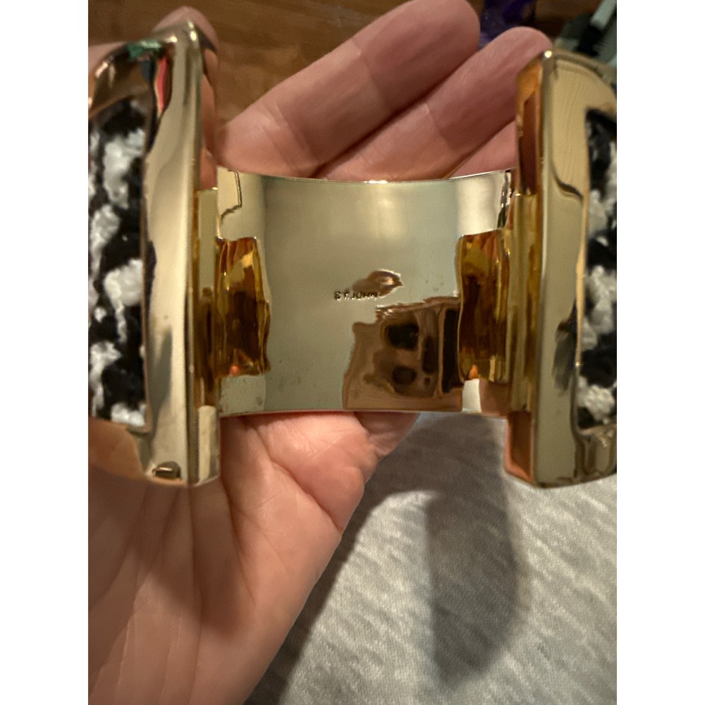St. John Gold Tone Wide Cuff Bracelet Black White Knit Inlay Statement Jewelry - Picture 5 of 7